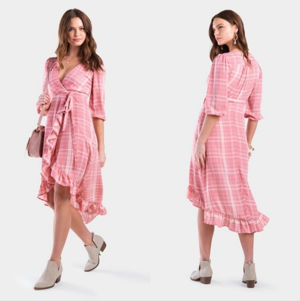 NWT Francesca's Mi Ami Pastel Plaid High Low Wrap Dress